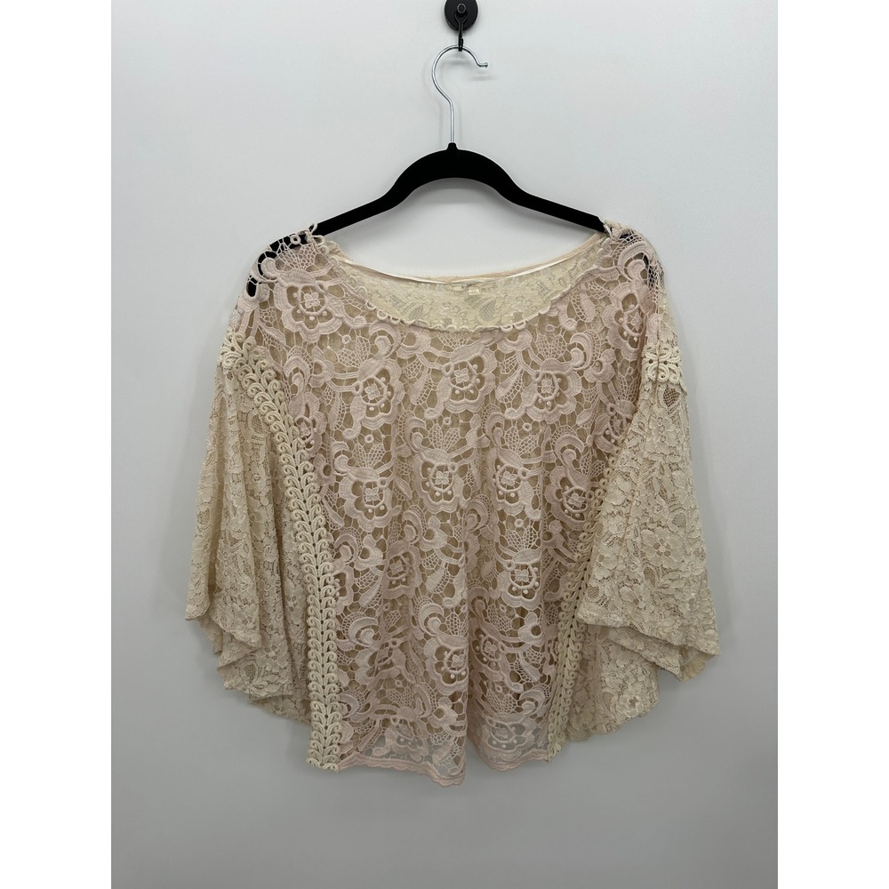 Cream Floral Lace Crochet Trim Boho Poncho Top Blouse OS Boho Hippie Indie